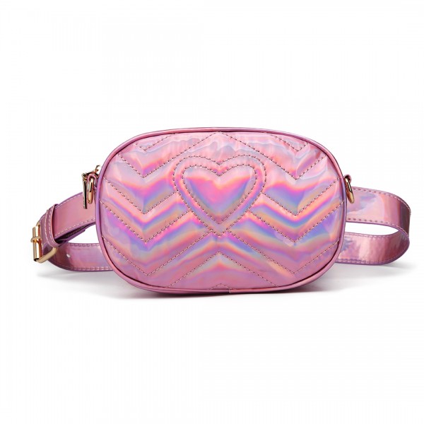 LH6834 - Miss Lulu Quilted Heart and Chevron Cross Body and Bum Bag - Iridescent Pink